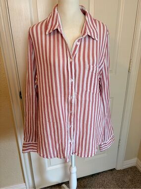 Nordstrom Caslon Pink and White Gauze Striped Button-Up Top